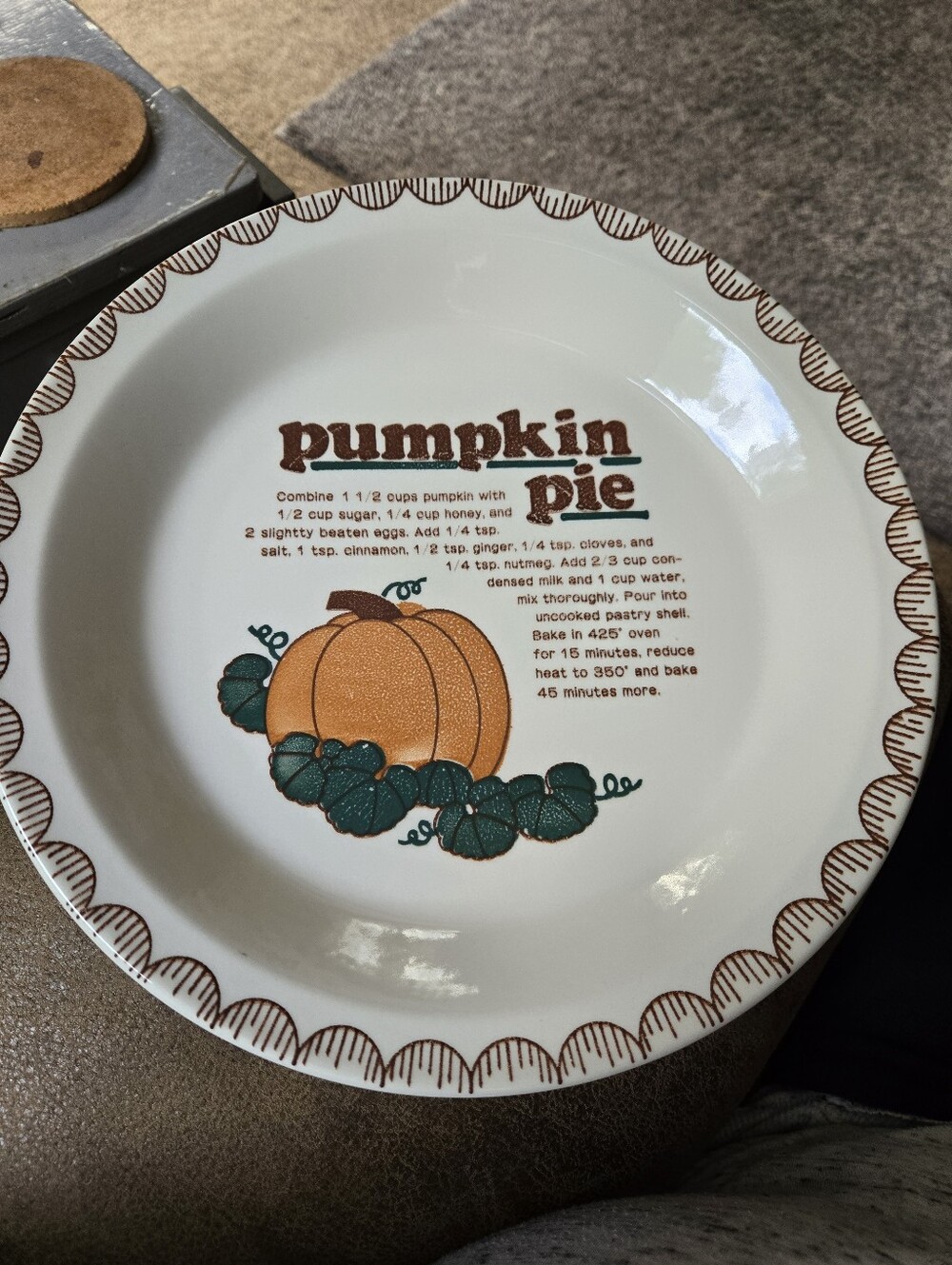 Pumpkin pie recipe plate 10.5 from Mount Clemmens Pottery